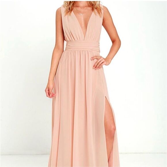 Lulus XL Plunge Neck Flowy Maxi Dress Blush Pink High Slit Romantic Ethereal - Picture 2 of 15